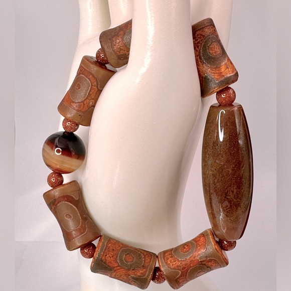 OCEAN JASPER + 3 EYE TIBETAN AGATE NATURAL STONES BRACELET size 7” - Picture 3 of 14